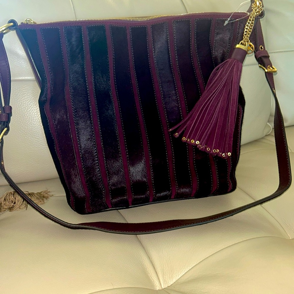 Michael Kors Burgandy Appliqué Vertical Strip Feed bag Hobo Bag
